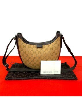 Gucci GG Canvas Leather Shoulder Bag Pochette Crossbody Beige Brown